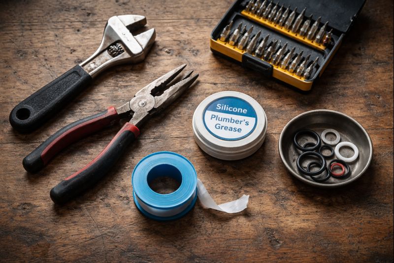 Essential tools and supplies for replacing a bathtub diverter: wrench, screwdrivers, pliers, PTFE tape, plumber’s grease