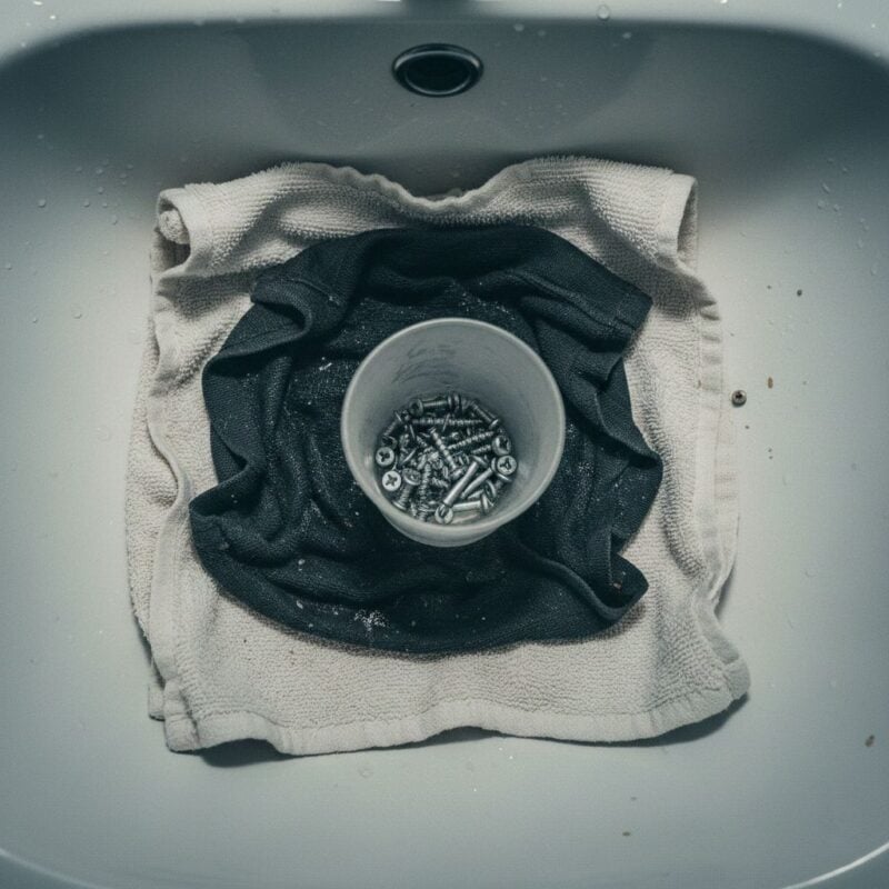 Covering the drain with a cloth before removing faucet parts