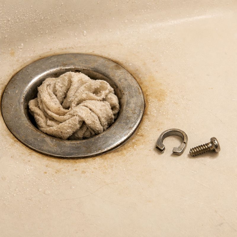 Rag blocking the drain to prevent losing screws and retaining clips