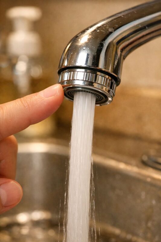 Como limpar um aerador de torneira (Guia 2026) 7 Reinstalled aerator producing a smooth straight stream with no leaks at the faucet tip