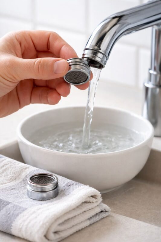 Aerator removed from faucet spout before flushing debris after cartridge replacement
