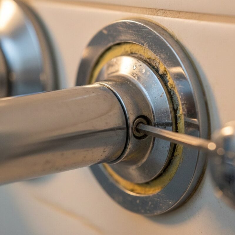 Close-up of a shower handle set screw being loosened with a hex key
