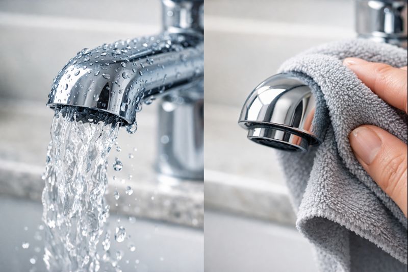 Rinsing a faucet with clean water and drying with a microfiber cloth to remove acidic residue and protect the finish.