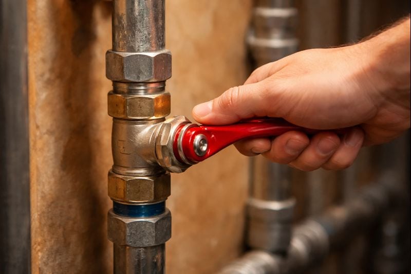 Hand turning a home’s main water shutoff valve before replacing a bathtub faucet.