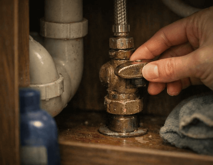Como substituir uma torneira de banheiro: um guia passo a passo (2026) 4 Hand turning off hot and cold shutoff valves under a bathroom sink