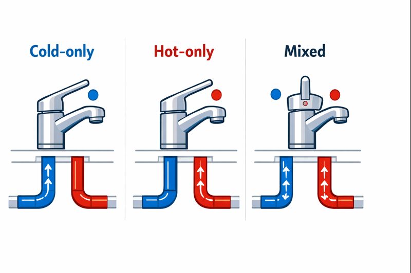 Illustration showing single-handle faucet positions: cold-only, hot-only, and mixed flow for protecting both lines