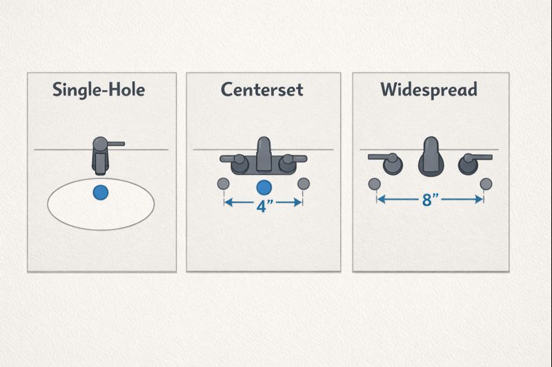 Como substituir uma torneira de banheiro: um guia passo a passo (2026) 3 Diagram showing single-hole, centerset, and widespread bathroom sink faucet configurations