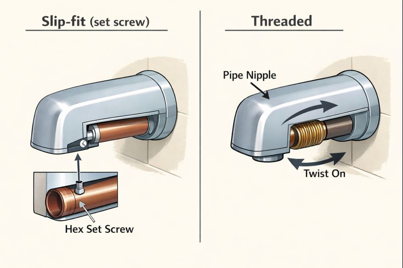 Comparison of slip-fit tub spout with set screw vs threaded tub spout connection