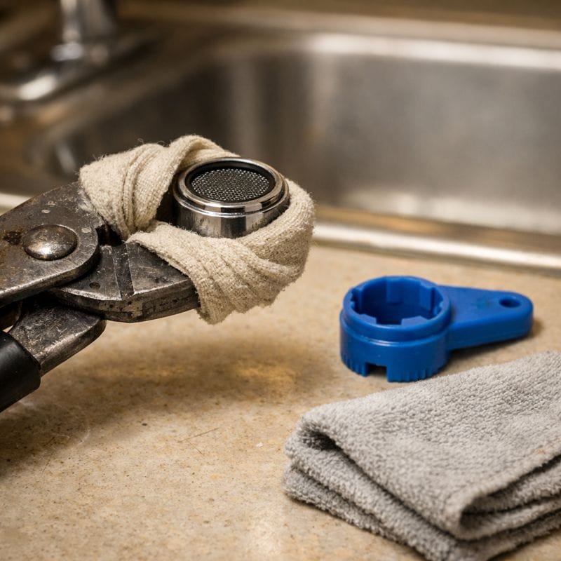 Cloth-wrapped pliers and plastic aerator key for safe faucet head removal