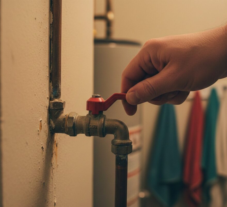 Hand turning a home water shut-off valve before bathtub diverter repair