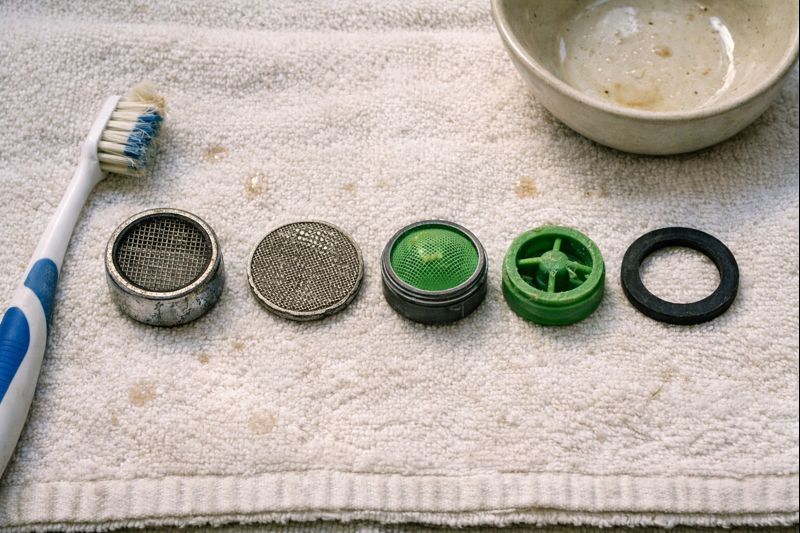 Aerator stack parts laid out in order on a towel for cleaning and reassembly