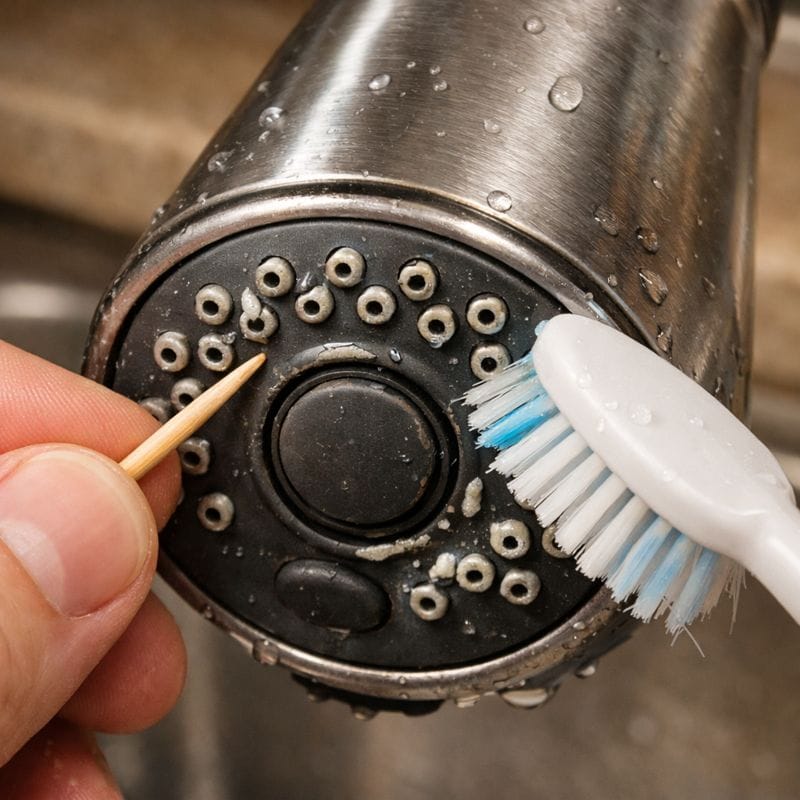 Cleaning spray holes with a toothpick and soft brush without enlarging the outlets