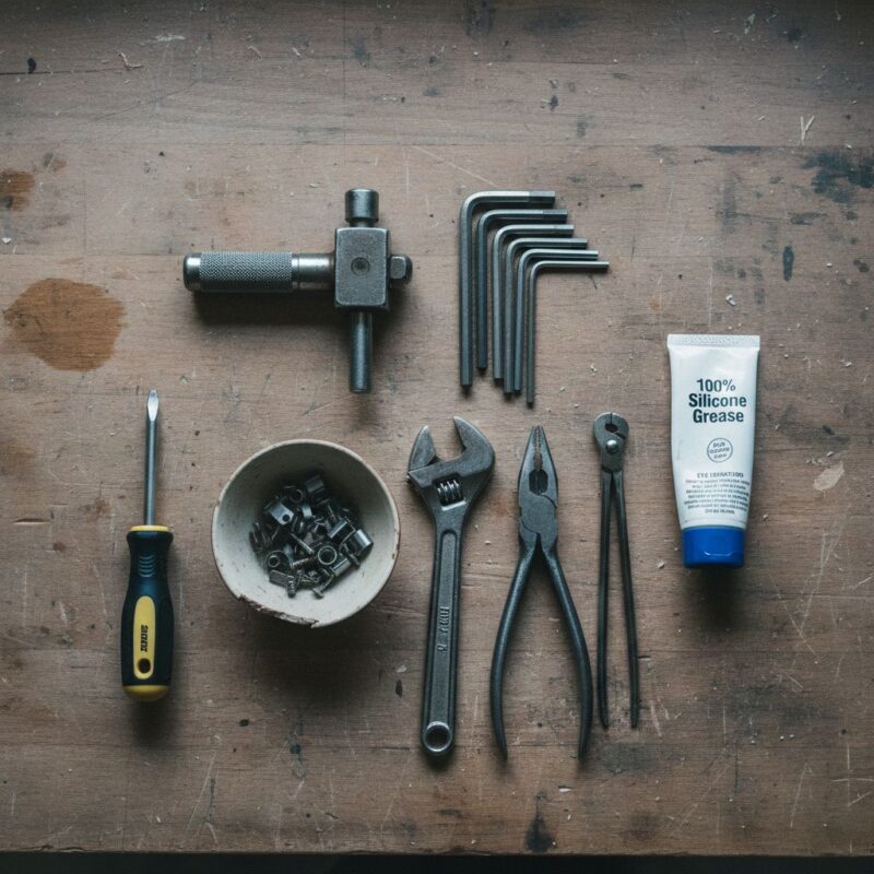 Precision tools and silicone grease for faucet repair and installation.