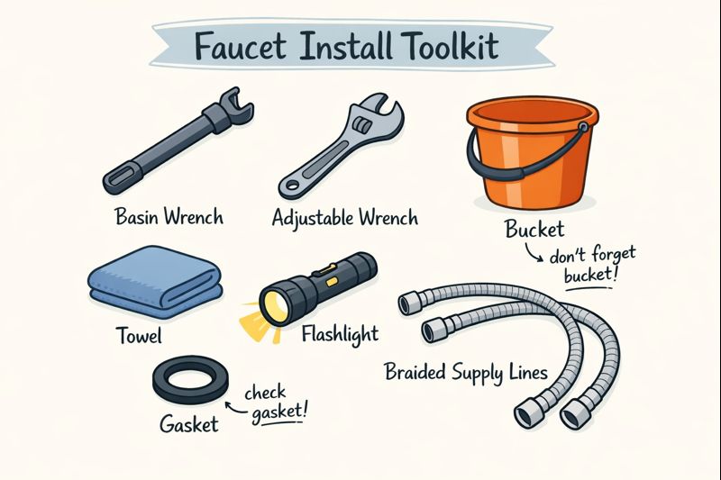 Tool checklist for installing a kitchen faucet including basin wrench and supply lines