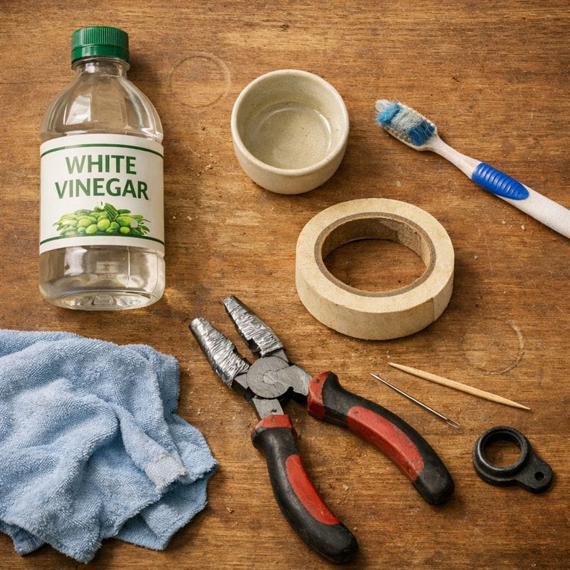 Como limpar um aerador de torneira (Guia 2026) 2 Tools for cleaning a faucet aerator: vinegar, toothbrush, tape, pliers, cloth, and a small cup
