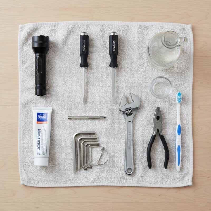Tools needed to replace a faucet cartridge laid out on a towel, including silicone plumber’s grease