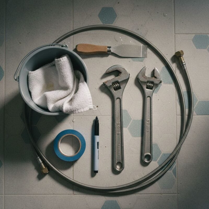 Como substituir uma torneira de banheiro: um guia passo a passo (2026) 2 Tools for replacing a bathroom faucet: basin wrench, adjustable wrench, bucket, towel, tape and marker