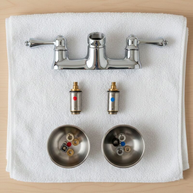 Two-handle faucet repair setup with separate hot and cold parts in labeled bowls