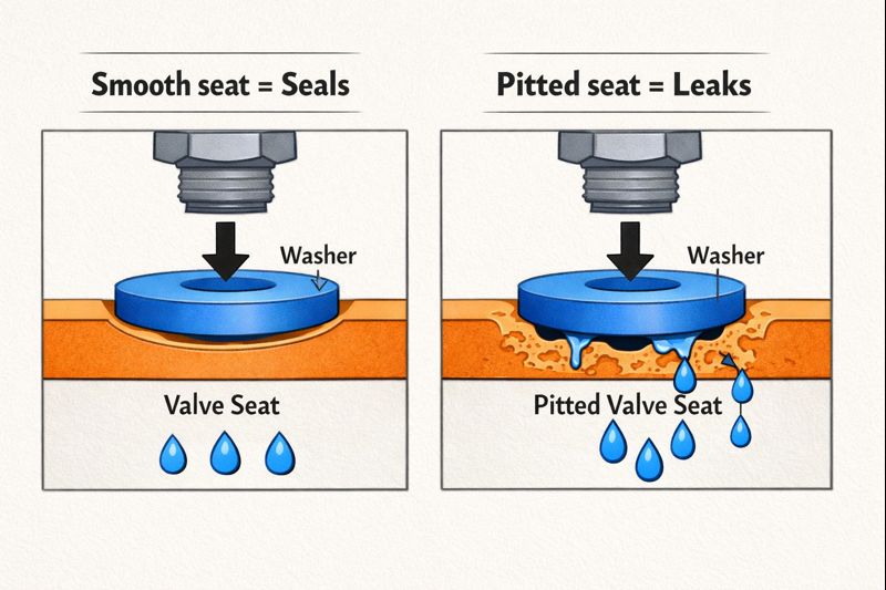 Pitted valve seat looks like a moon surface and can cause leaks even with a new washer