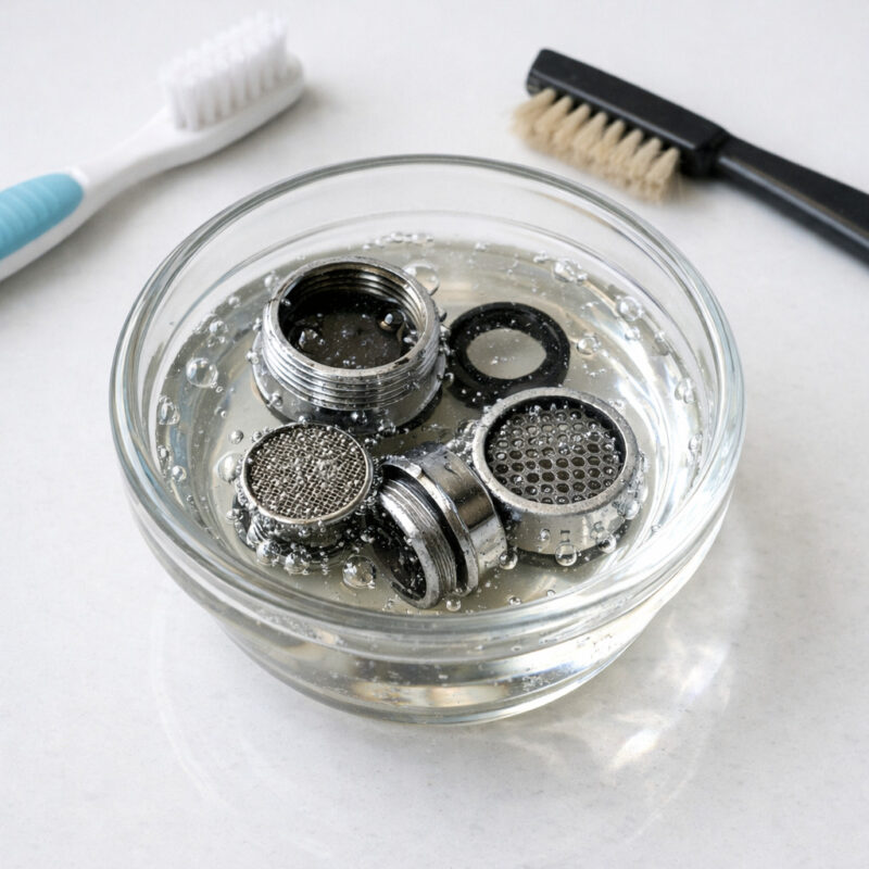 Faucet aerator soaking in white vinegar to dissolve mineral scale