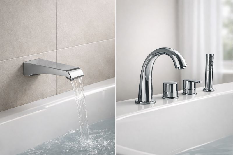 Comparison of wall-mounted and deck-mounted bathtub faucet setups showing where the spout connects.