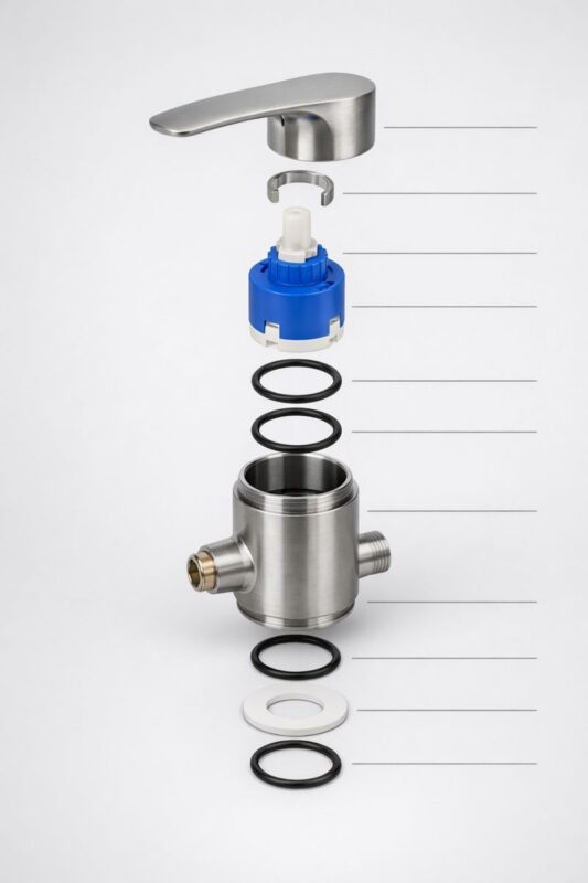 Exploded view showing a faucet cartridge inside a single-handle faucet body