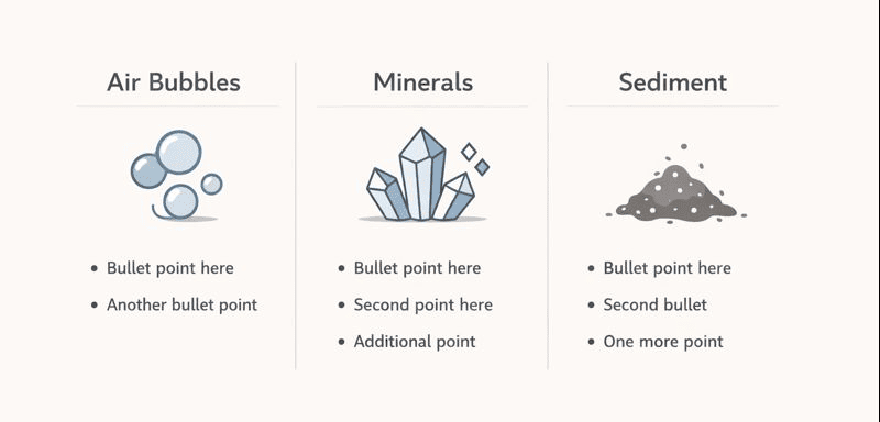 Por que a água da minha torneira está turva? Causas, segurança e correções 6 Infographic comparing three causes of cloudy water: air bubbles, minerals, and sediment particles