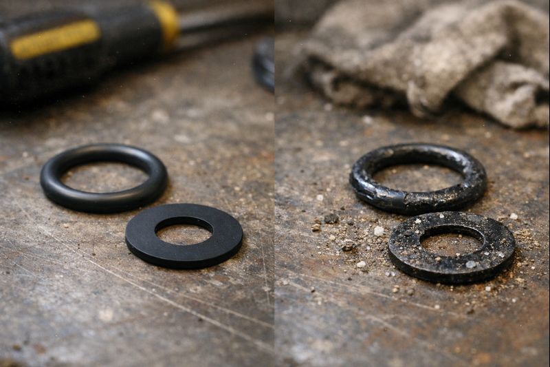 Comparison of new vs worn washer and O-ring showing flattening and cracks that cause leaks