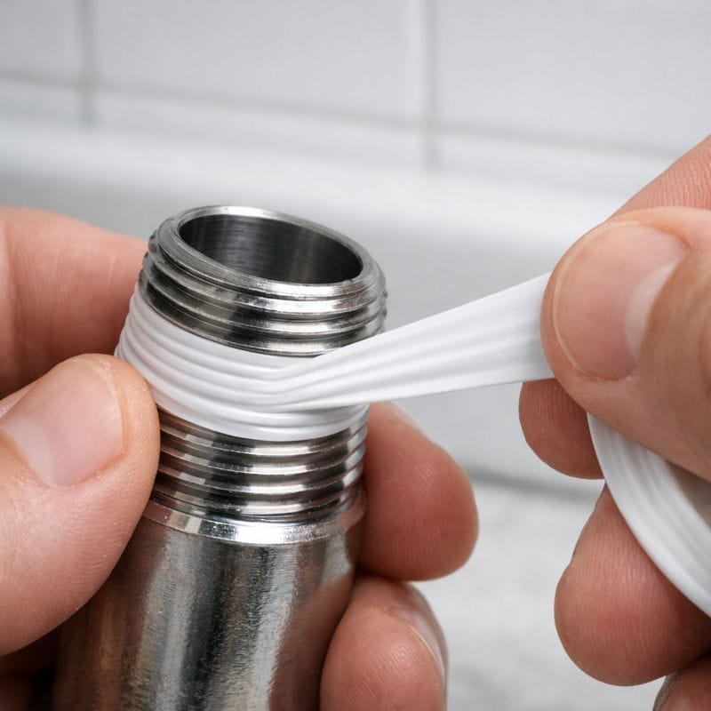 Wrapping PTFE plumber’s tape clockwise on male pipe threads before installing a threaded tub spout.