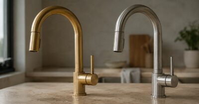 Elegant gold and silver kitchen faucets with sleek design, perfect for contemporary kitchens.