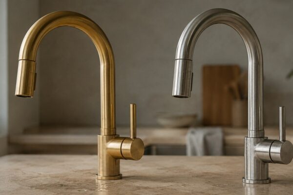 Elegant gold and silver kitchen faucets with sleek design, perfect for contemporary kitchens.
