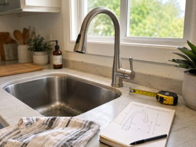 Modern stainless steel kitchen faucet with high arc spout for easy use and style.