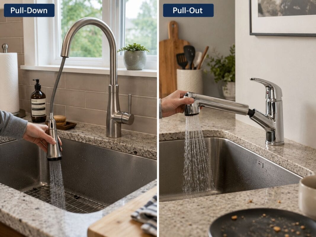 Pull-down and pull-out kitchen faucets with flexible spray options for convenience.