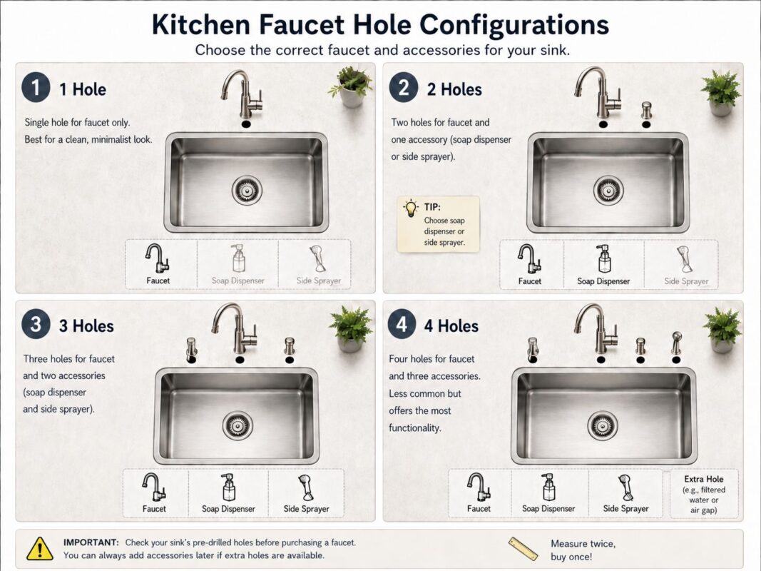 Image showing different kitchen faucet hole configurations for sink installation.