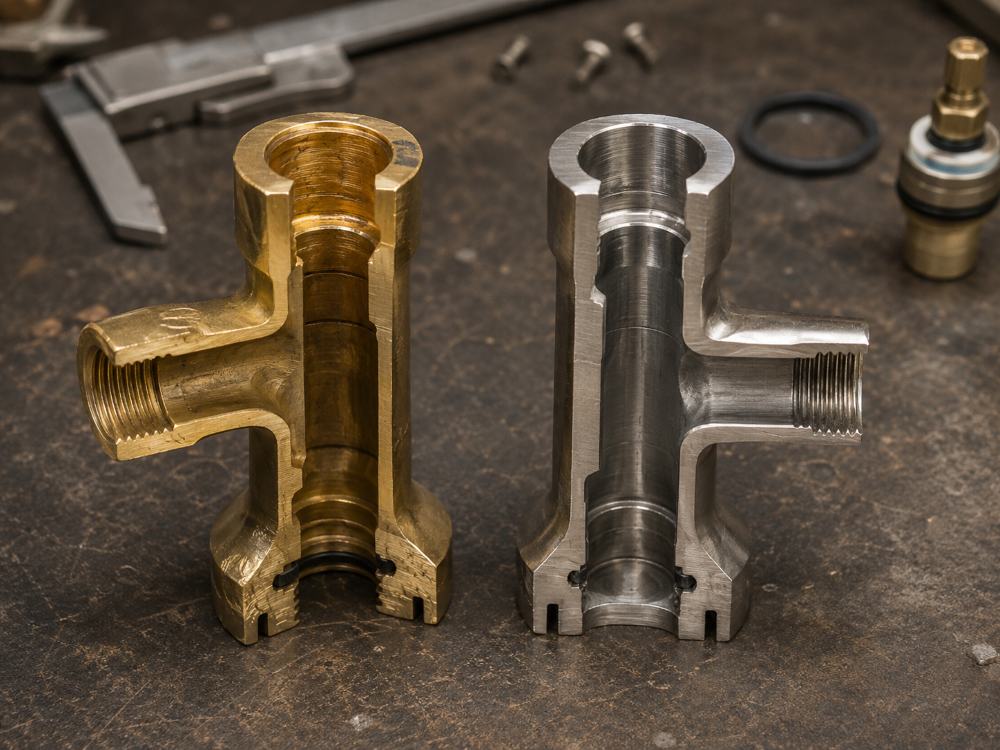Solid brass and stainless steel faucet materials side by side
