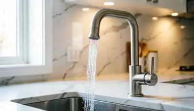 Modern water-saving pull-down kitchen faucet with aerated stream on marble countertop