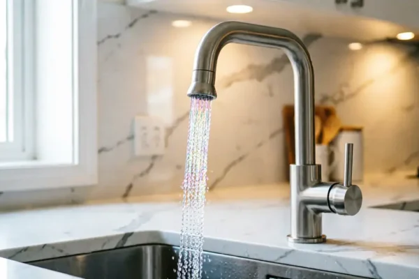 Modern water-saving pull-down kitchen faucet with aerated stream on marble countertop