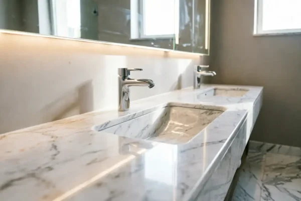 Single-hole chrome hotel bathroom faucet installed on marble countertop