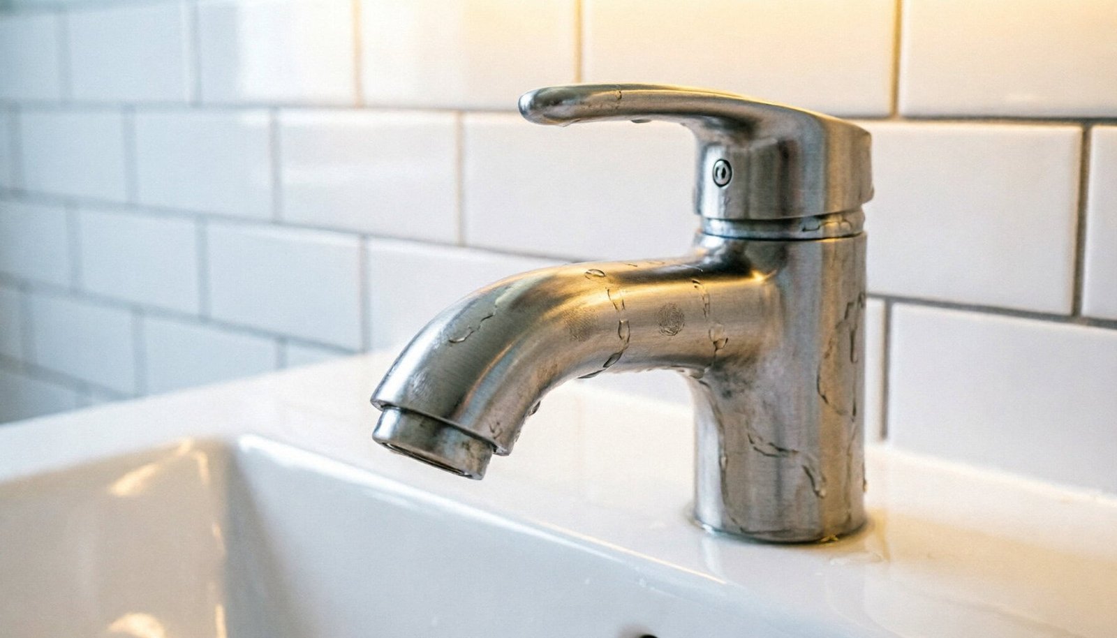 Brushed nickel centerset bathroom faucet on white ceramic sink