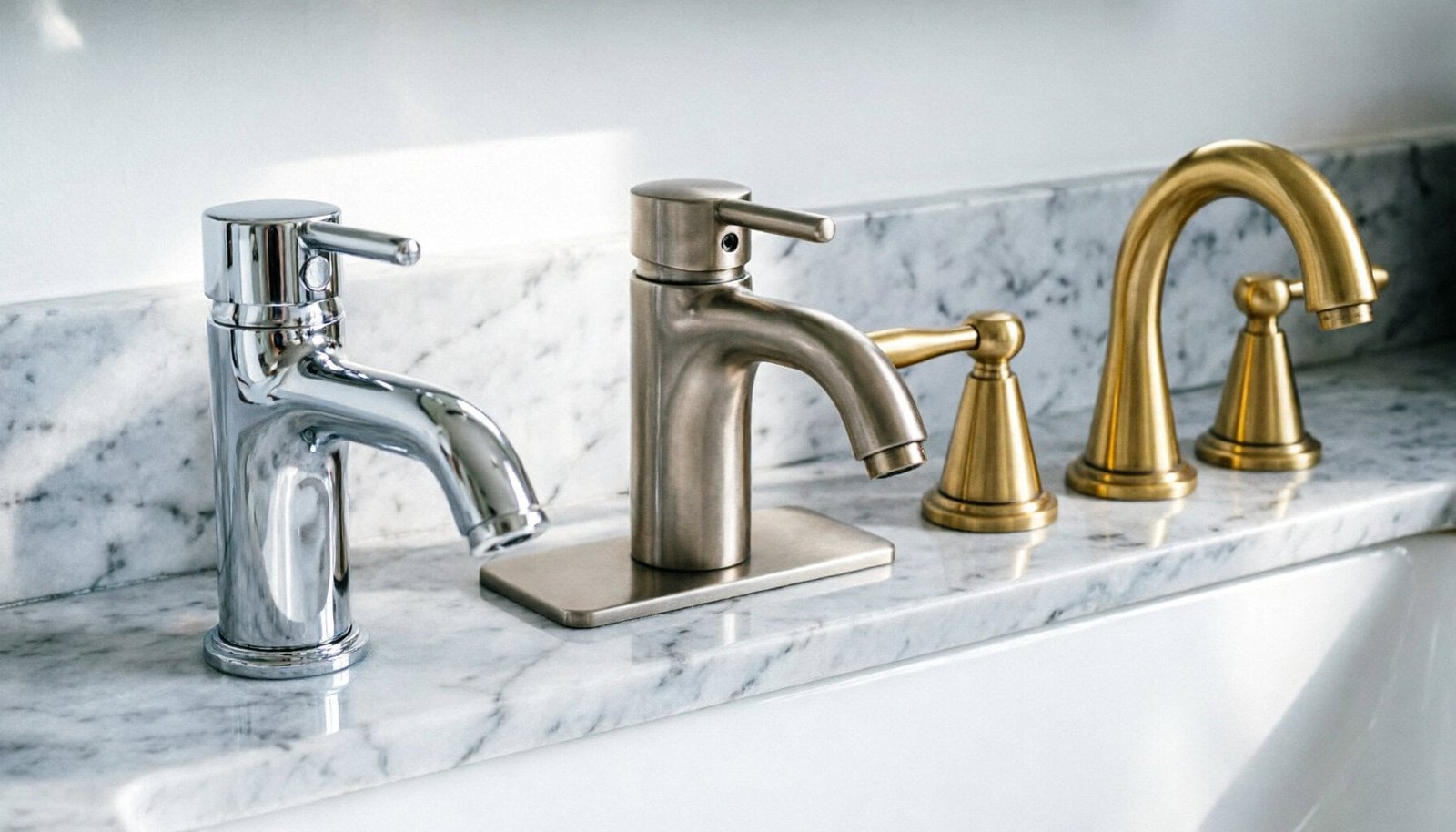 Single-hole centerset and widespread bathroom faucet types comparison on white sink