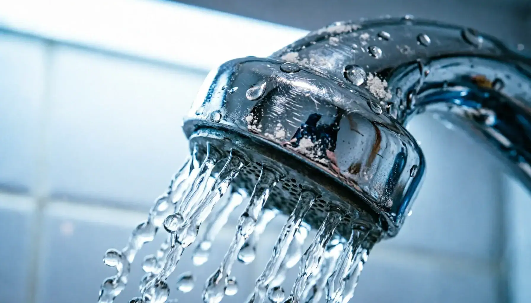 Close-up of kitchen faucet aerator with water streaming, showing flow rate mechanics