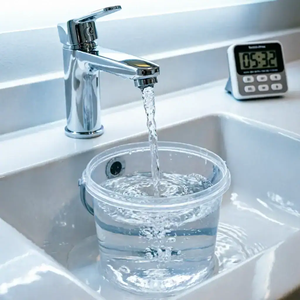 Bathroom faucet running into a 1-gallon container for GPM flow rate measurement test