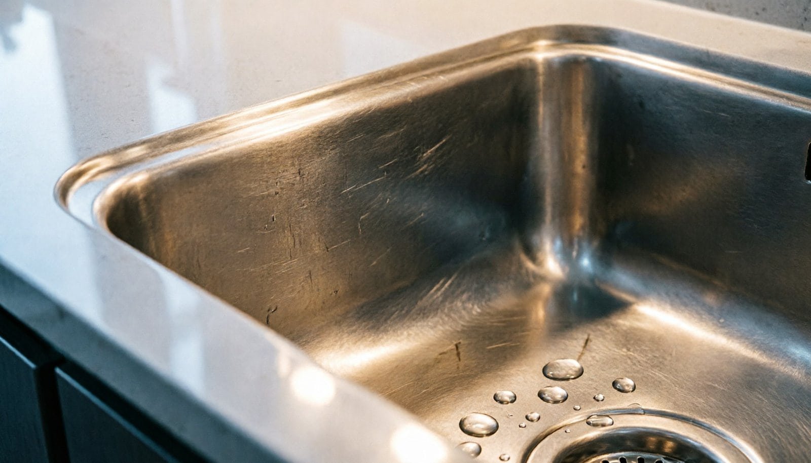 Close-up of a stainless steel kitchen sink showing brushed finish
