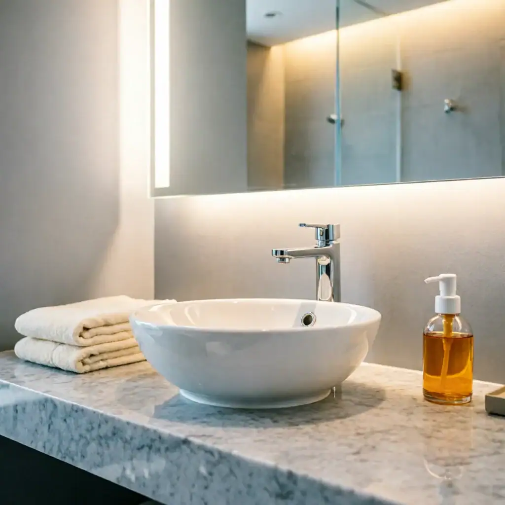Hotel bathroom vanity with modern single-hole faucet