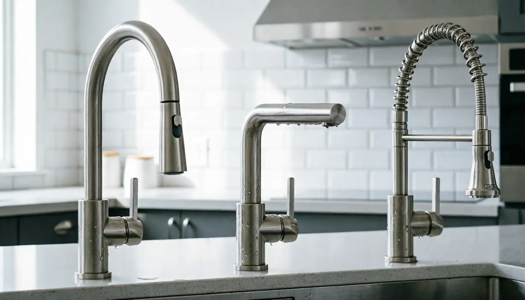 Three kitchen faucet types — pull-down, pull-out, and semi-professional — displayed in modern showroom