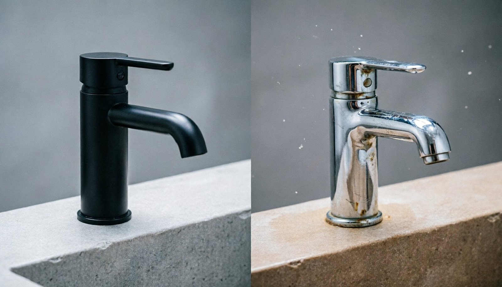 PVD coated matte black bathroom faucet side by side with traditional chrome faucet