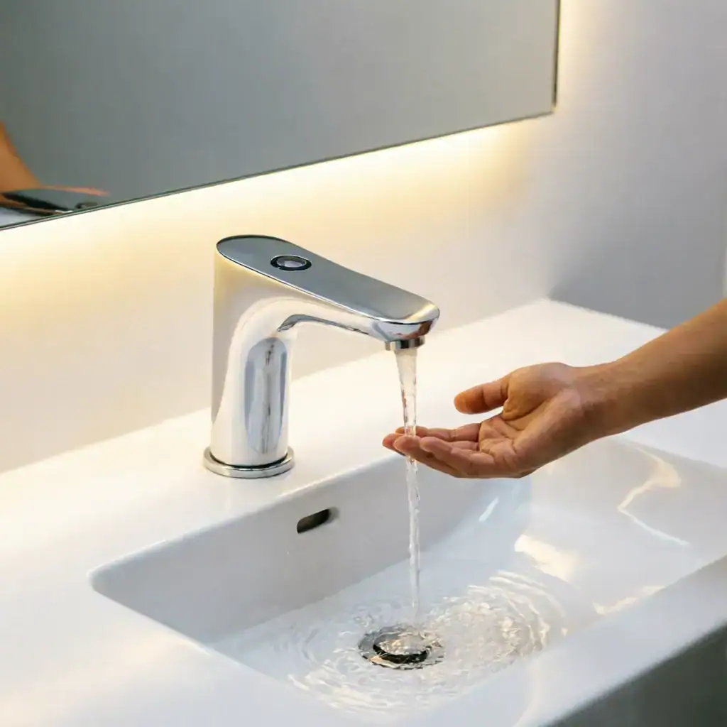 Touchless bathroom faucet with hand sensor activation in a modern bathroom vanity
