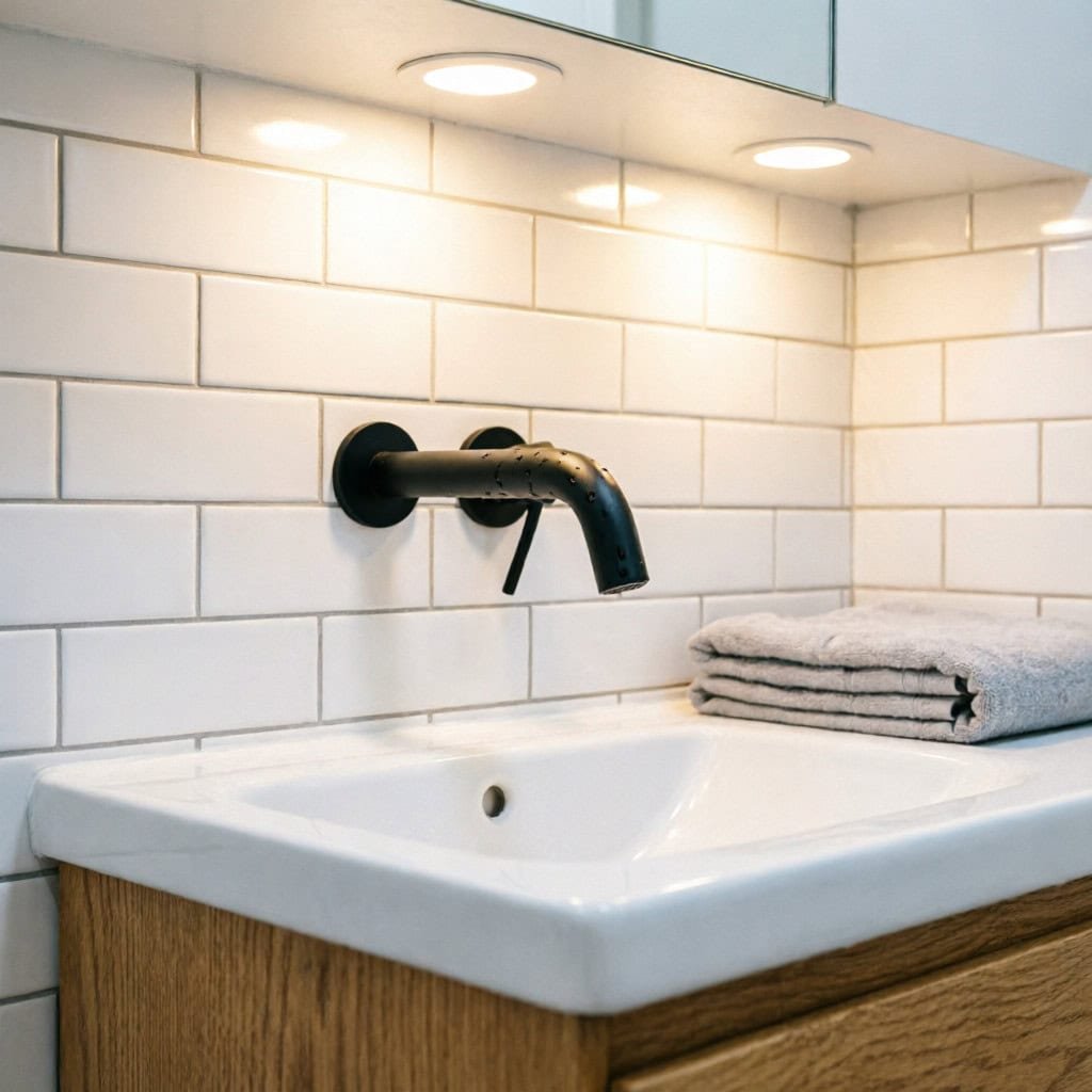 Matte black wall-mounted bathroom faucet above white ceramic vessel sink