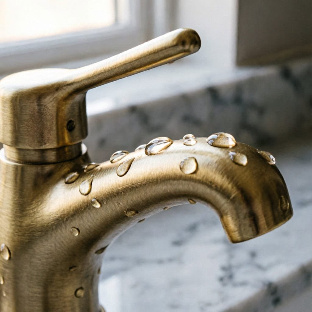 Close-up of solid brass bathroom faucet with brushed gold PVD finish showing material quality