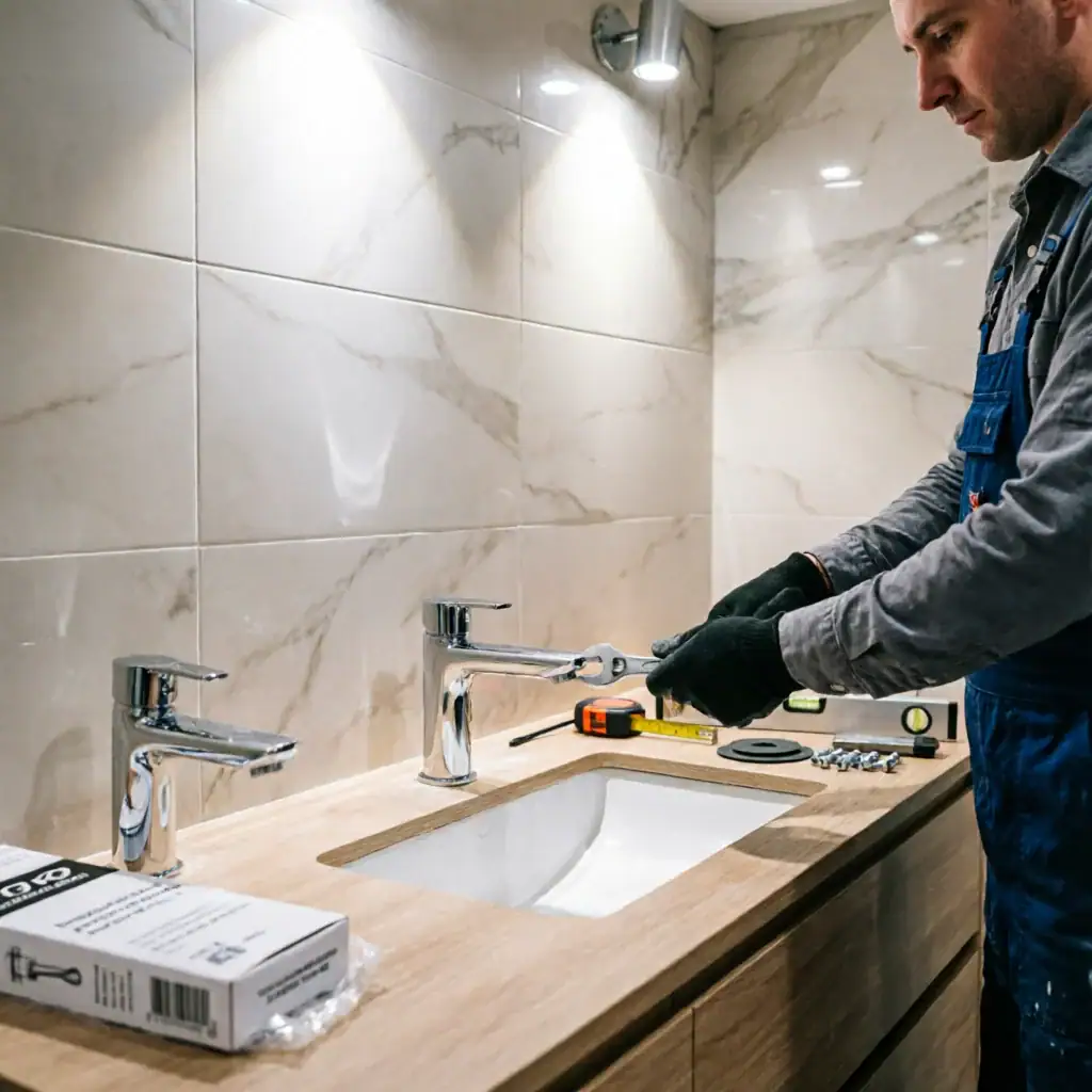 Commercial hotel bathroom installation with single-hole faucet